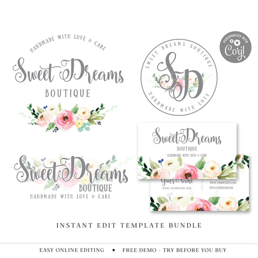 DIY Edit Branding Bundle, 3 x Business Logo and Business Card Template, Watercolor Floral Branding Kit, Premade Editable Cute Logo SD-001