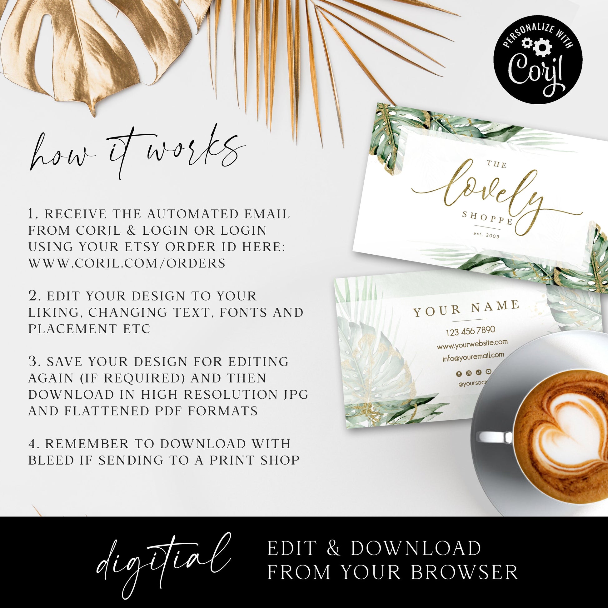 Premade Boho Watercolor Foliage & Gold Business Card Template Design Instant Download | Business Card | Editable Template LS-001