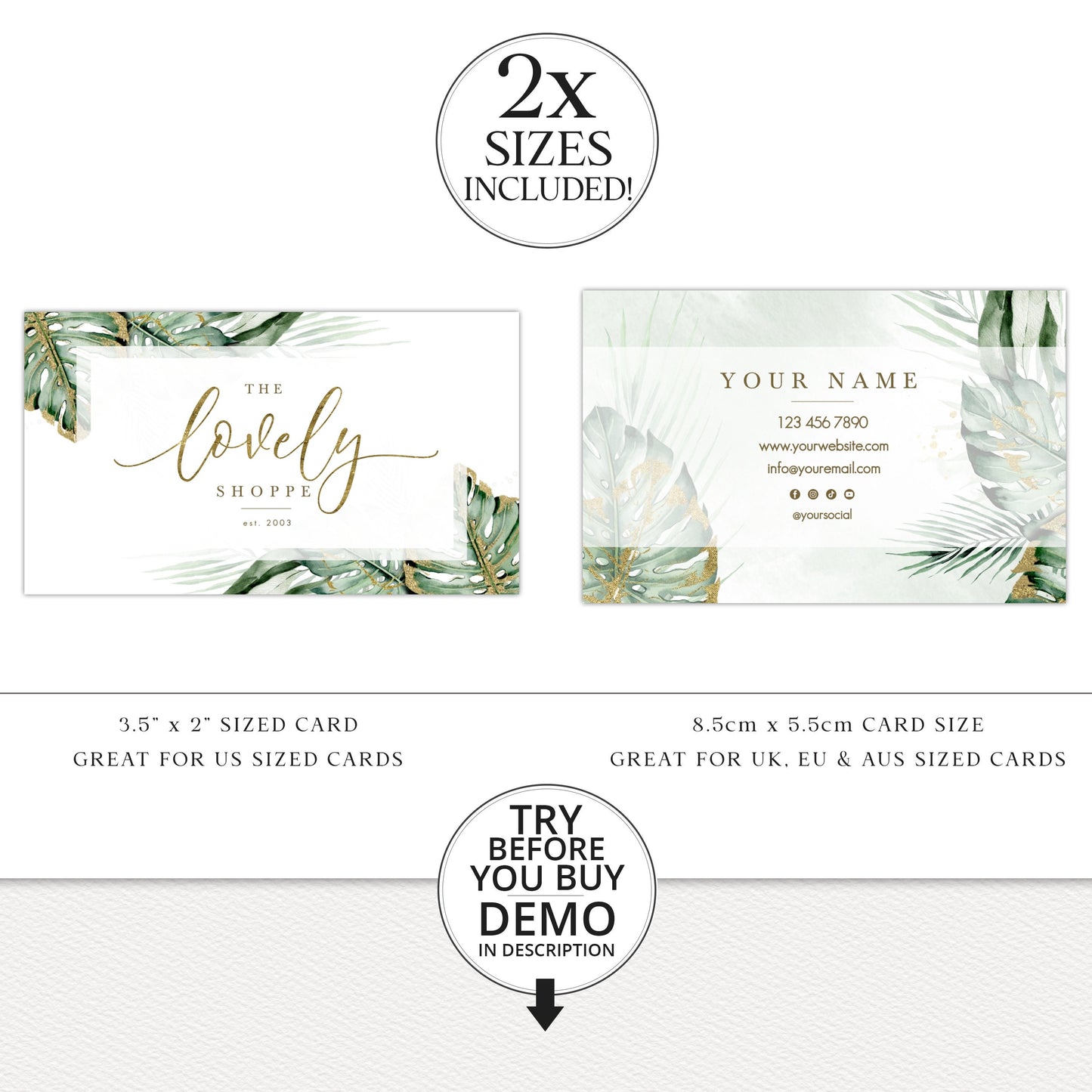 Editable Branding Bundle, 8pc DIY Edit Logo Business Card Template, Premade Social Boho Green & Gold Foliage Design, Brand Kit LS-001