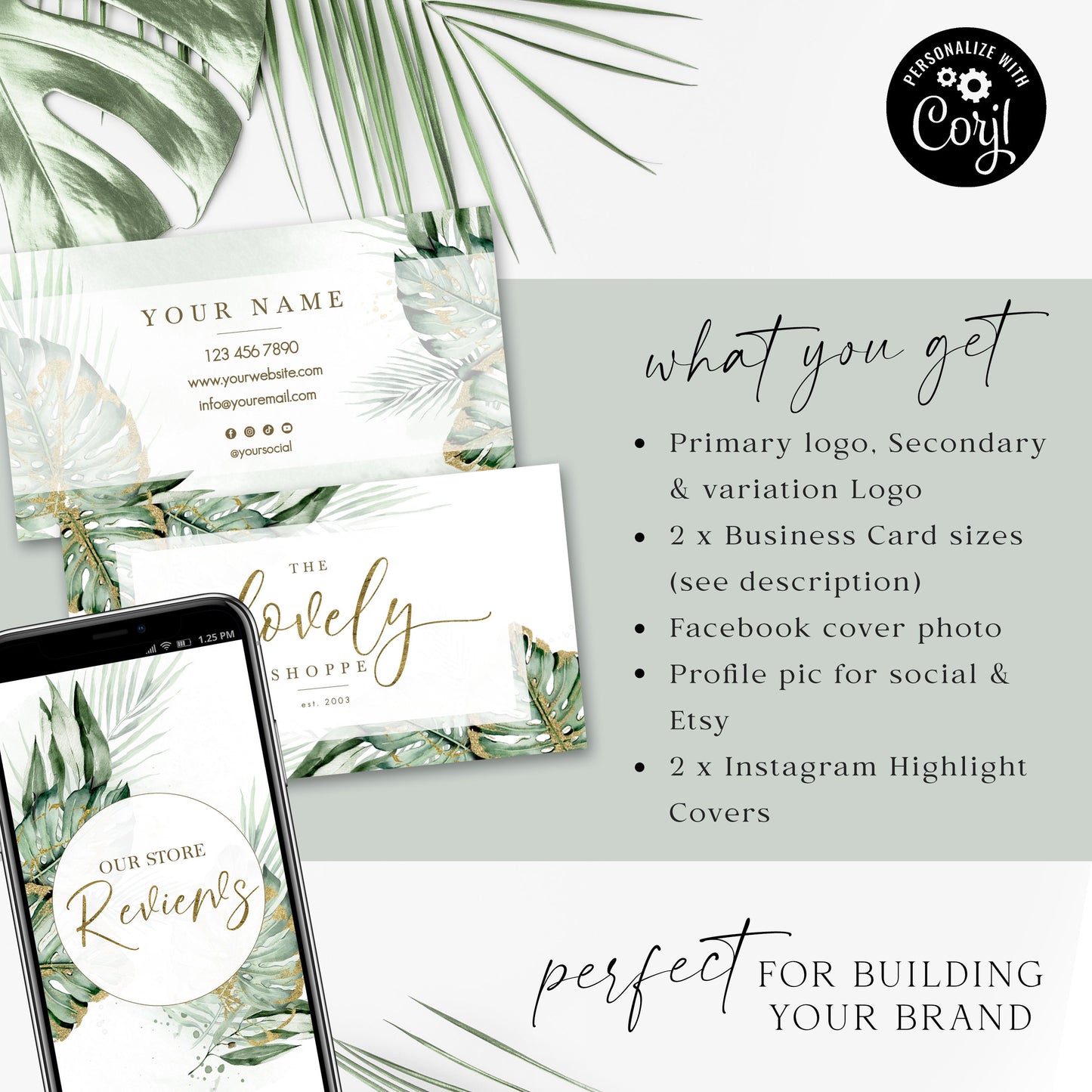 Editable Branding Bundle, 8pc DIY Edit Logo Business Card Template, Premade Social Boho Green & Gold Foliage Design, Brand Kit LS-001