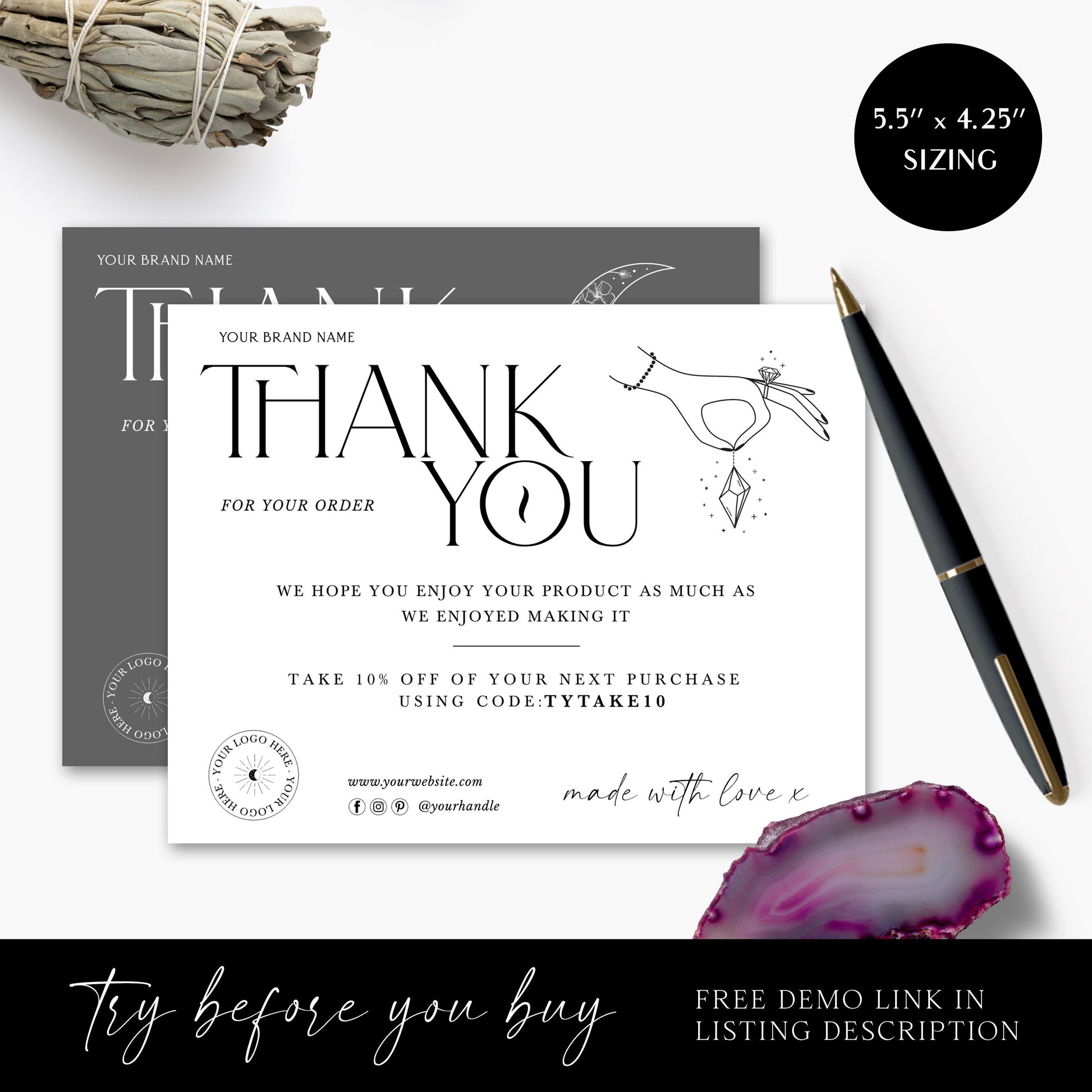Editable Thank You Card Template, DIY Edit Thank You For Your Business Card, Spiritual Candle, Premade Etsy Customer Thank you Note SPI-001
