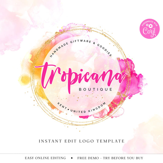 DIY Tropical Logo Template Marble Watercolor & Gold Glitter Logo, Beauty Logo, Instant Editable Logo, DIY Logo Template, Premade Logo TB-001