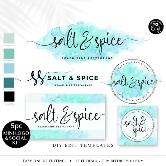 Editable Branding Bundle, 5pc Logo & Facebook Cover Template, Instant Premade Turquoise Watercolor Splash Branding Package SS-003