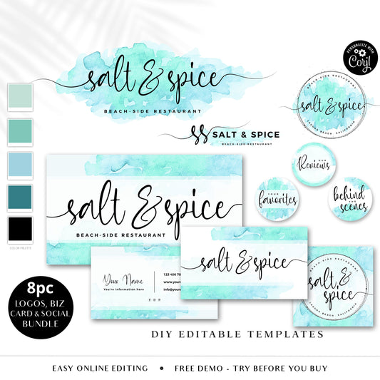 Editable Branding Bundle, DIY Edit 8pc Logo Kit, Business Card Template, Instagram Highlight, Watercolor Splash Premade Logo Design SS-003