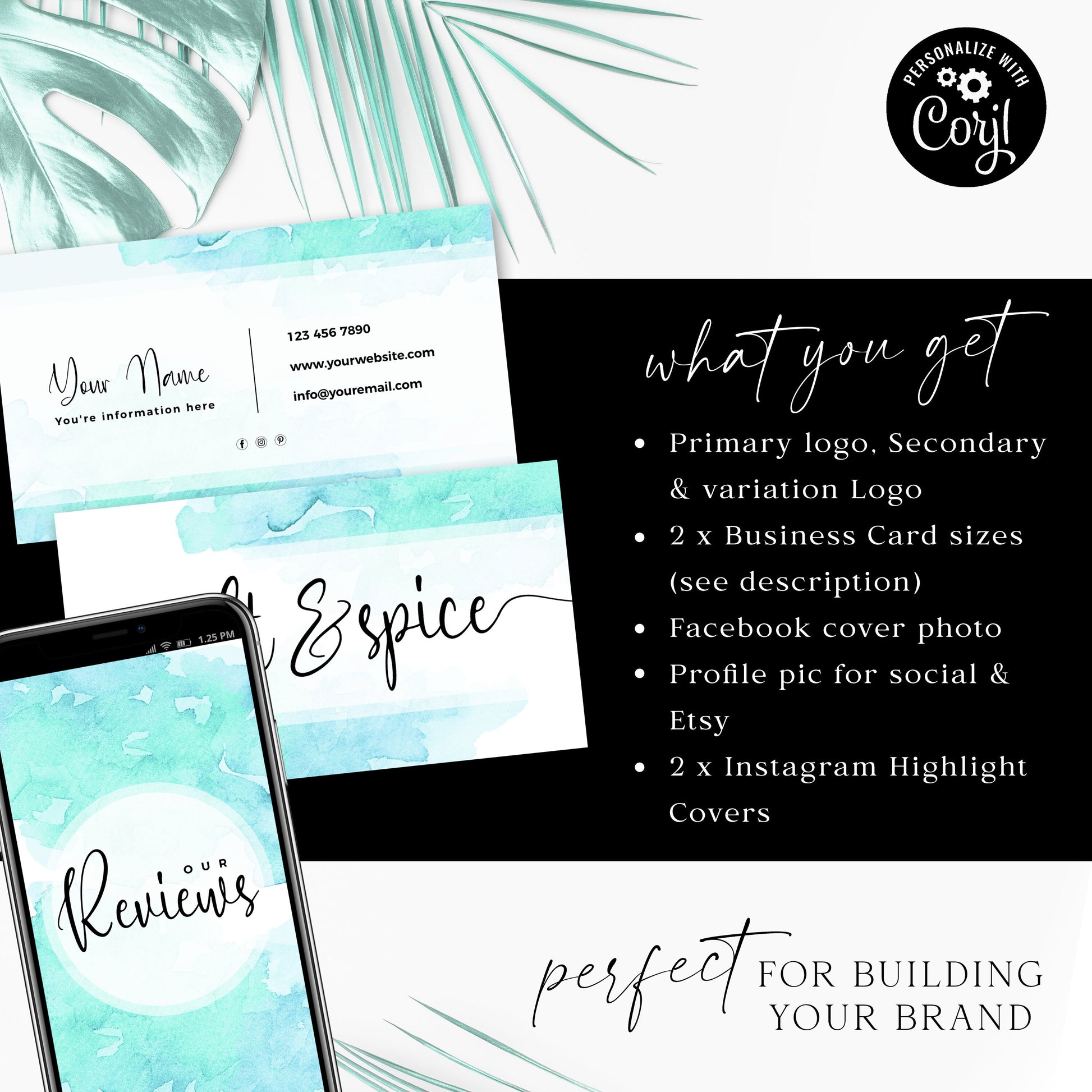 Editable Branding Bundle, DIY Edit 8pc Logo Kit, Business Card Template, Instagram Highlight, Watercolor Splash Premade Logo Design SS-003