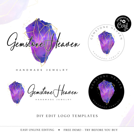 Editable Logo Bundle, Instant Edit & Download 3 x Watercolor Gemstone Geometric Logo, DIY Edit Logo Template, Premade Business Logo GH-001