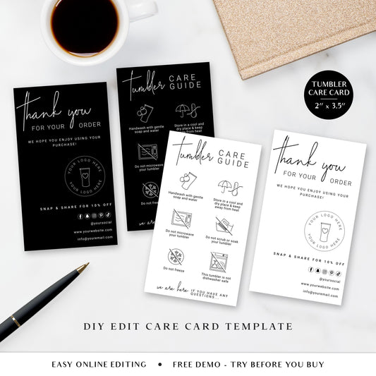 DIY Tumbler Care Card Template, Editable Tumbler Cup Care Guide Card, Customizable Printable Care Instructions, Minimalist Cup Insert KT-001