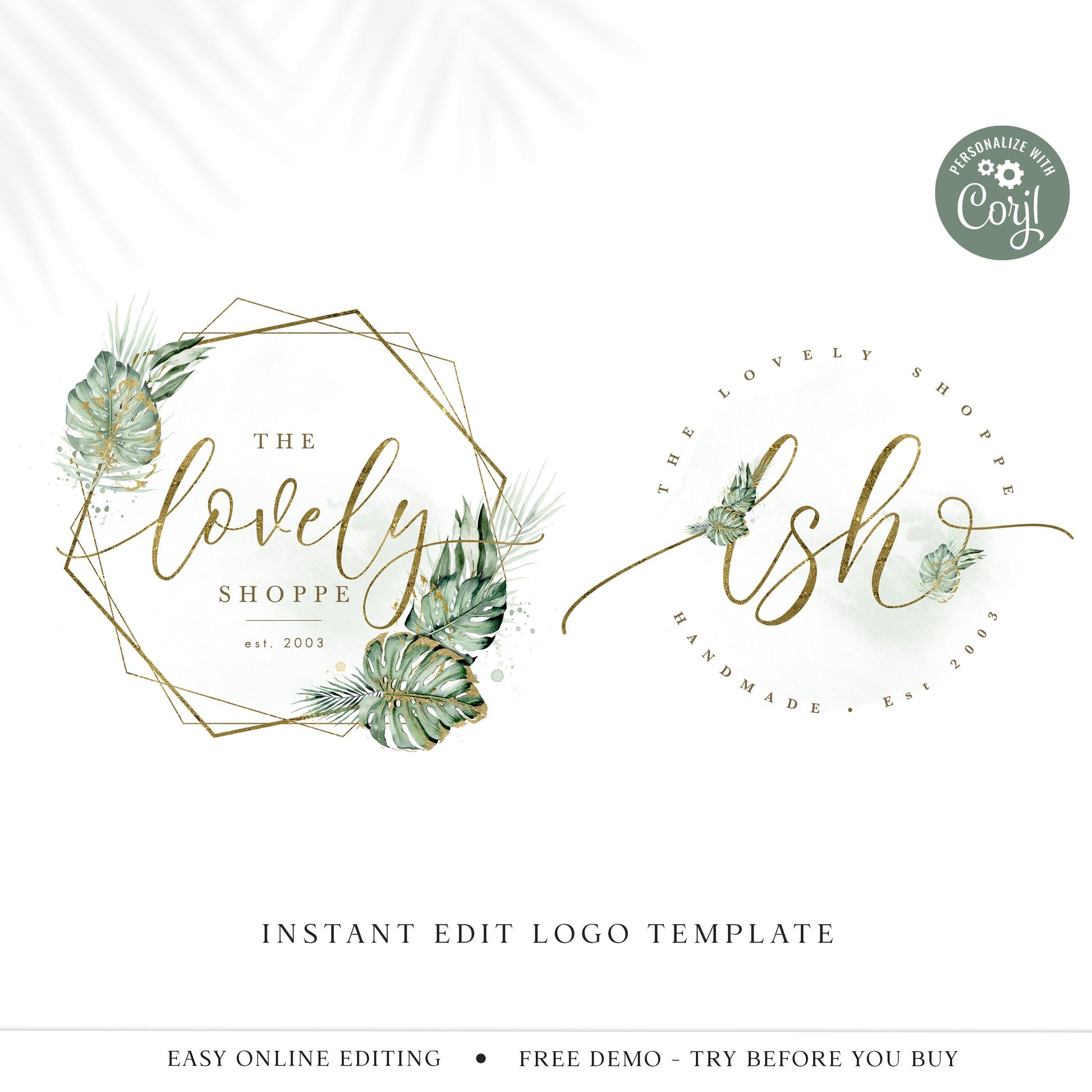 Editable Logo Template Bundle, DIY Edit Business Logo, Green and Gold Foil Logo Design, Tropical Elegant Watercolor Premade Logos LS-001