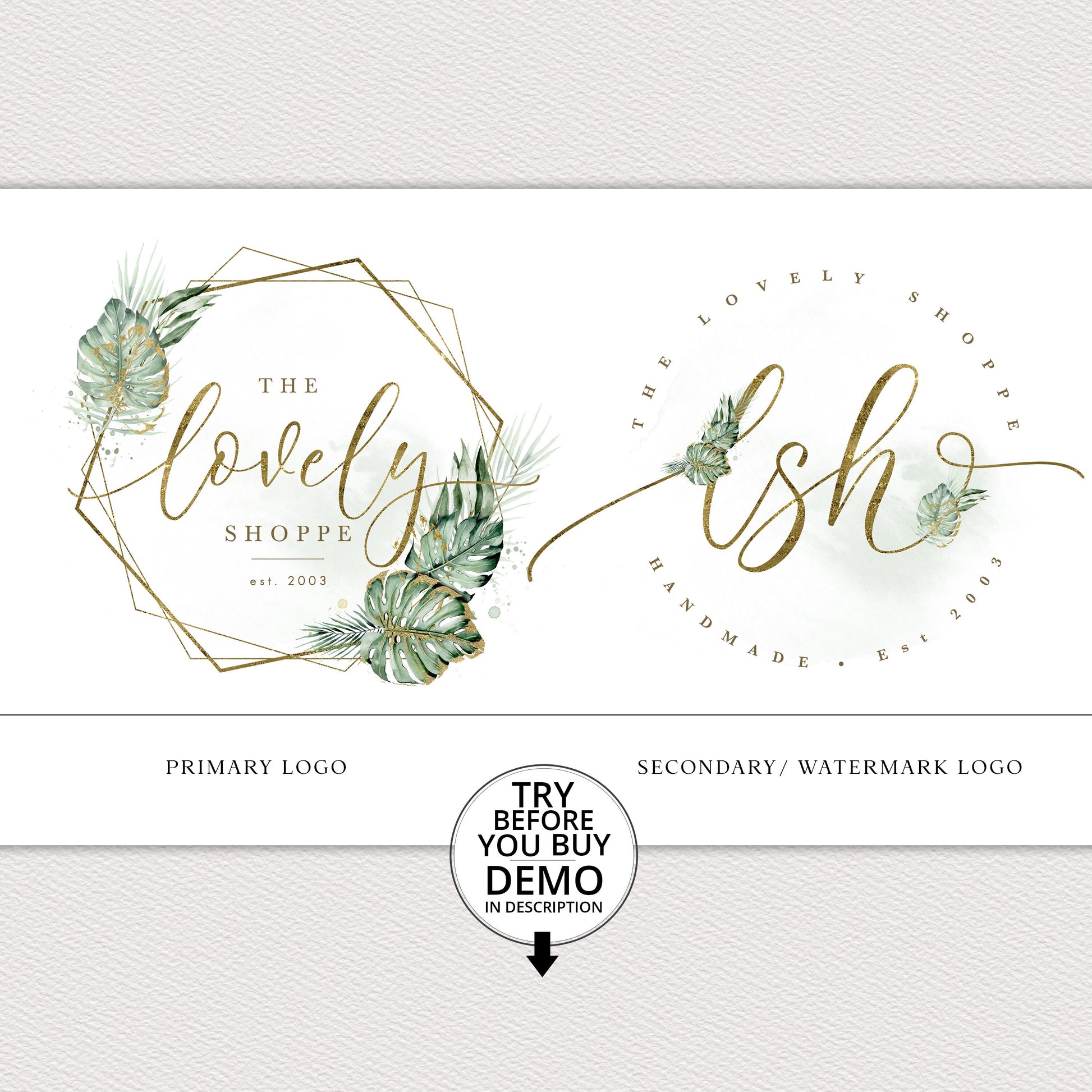 Editable Logo Template Bundle, DIY Edit Business Logo, Green and Gold Foil Logo Design, Tropical Elegant Watercolor Premade Logos LS-001