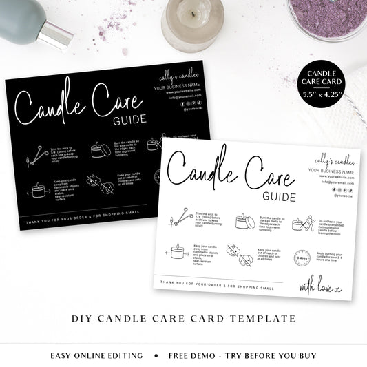 Candle Care Card Editable Template, DIY Minimalist Candle Care Guide Card, Customizable Printable Candle Safety Instructions Template CC-001