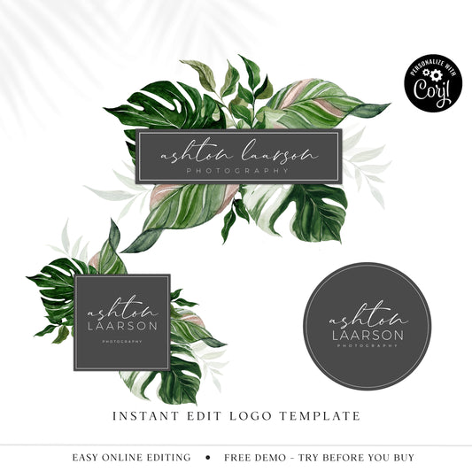 Editable Logo Template Bundle, 3 x DIY Edit Tropical Logos, Instant Elegant Business Logo Kit, Premade Foliage Photography Logo AL-001