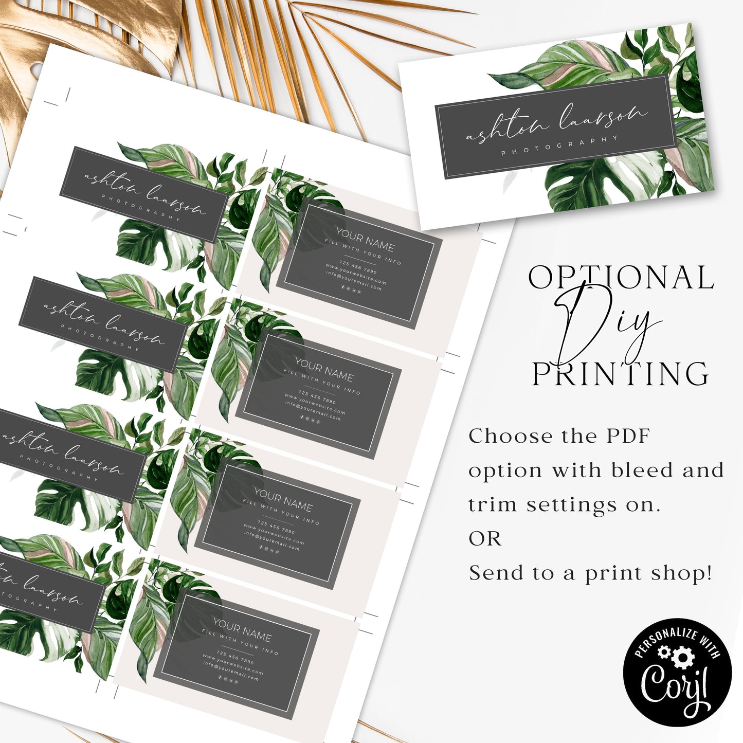 Customizable Business Card Template, DIY Edit Business Card, Printable Business Card Design, Modern Foliage Editable Company Cards AL-001