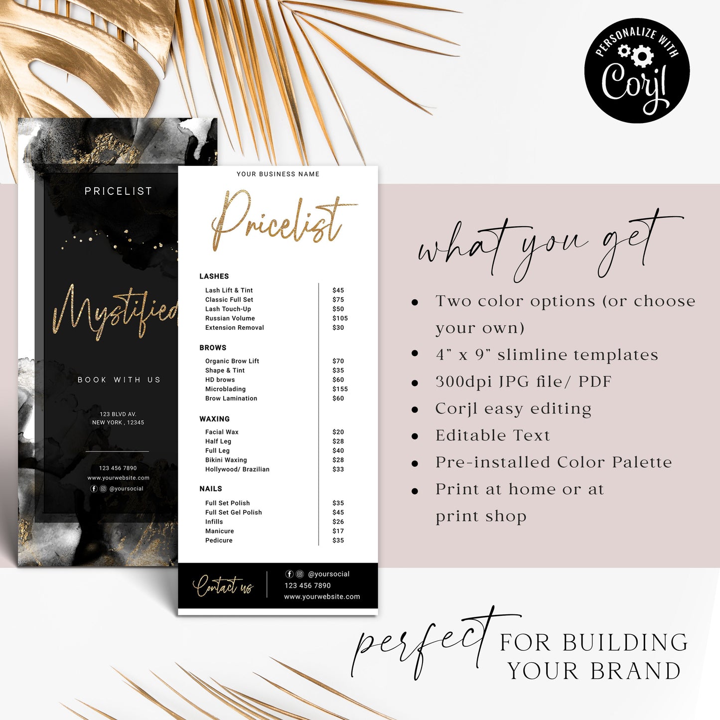 Business Price List Template, DIY Editable Slimline Price Guide, Customizable Printable Pricing Menu, Gold Foil Salon Pricing Flyer MY-001