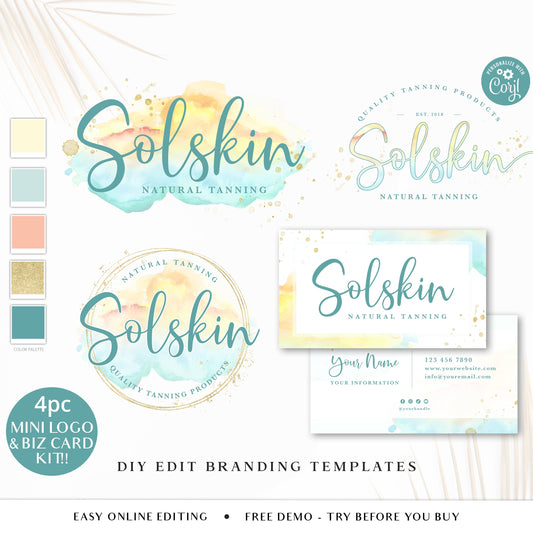 DIY Editable Branding Bundle, 4pc Beach Watercolor Splash Logo & Instant Edit Business Card Template, DIY Editable Template Set - SS-001