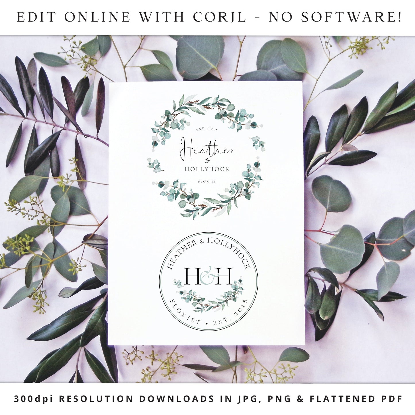 Editable Logo & Watermark Bundle, DIY Edit Logo Template Kit, Elegant Watercolor Foliage Premade Logos, Instant Access Company Logo - HH-001