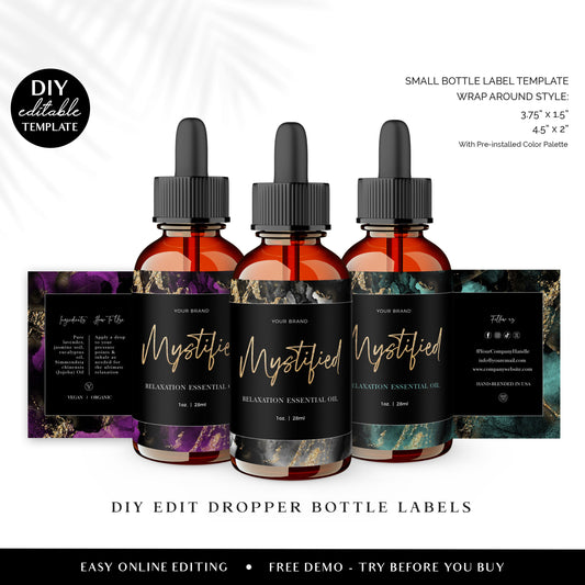 DIY Editable Dropper Bottle Label Template (2 Sizes) Marble Ink Customized Wrap Around Essential Oil Cosmetic Printable Label Design MY-001
