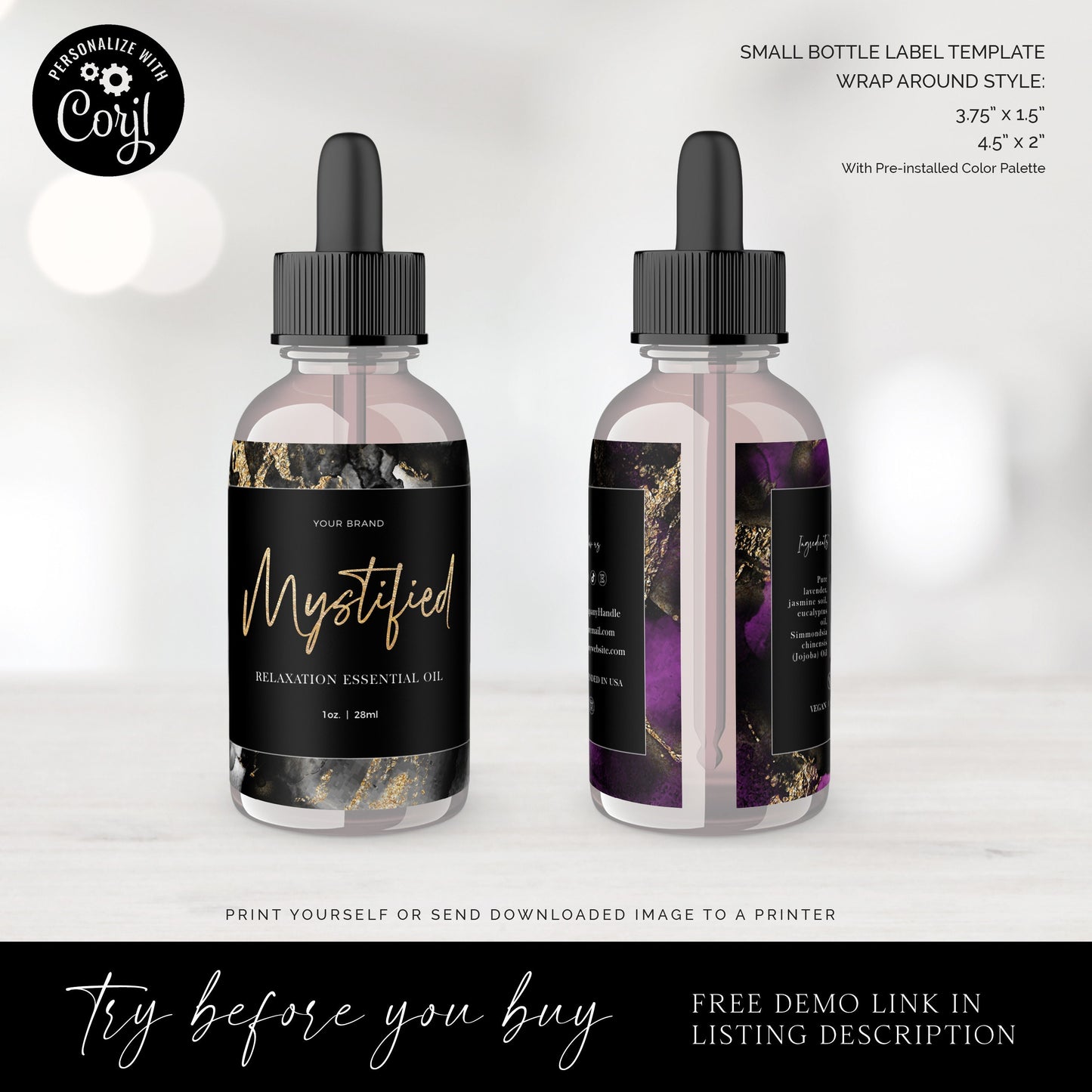 DIY Editable Dropper Bottle Label Template (2 Sizes) Marble Ink Customized Wrap Around Essential Oil Cosmetic Printable Label Design MY-001