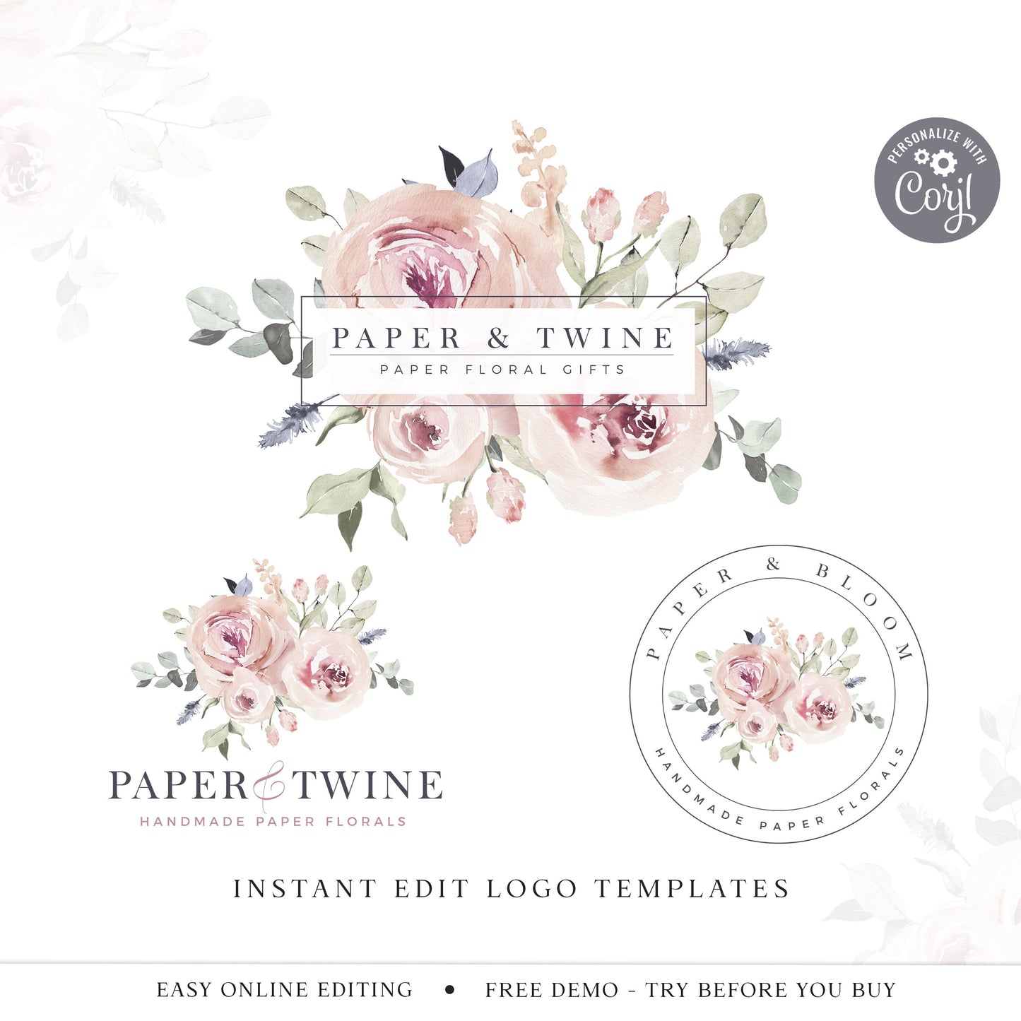 Editable Logo Template Bundle, DIY Edit Boho Inspired Premade Logo, Instant Premade Business Logo, Watercolor Wreath Logo Design PT-001