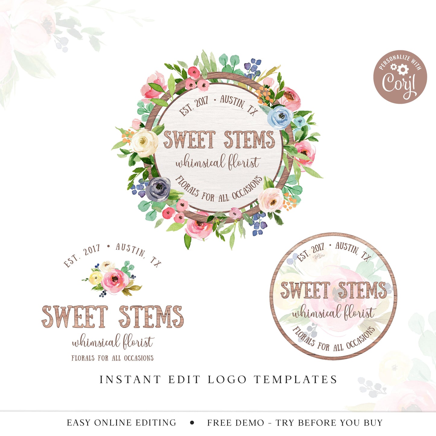 Editable Cute Logo Bundle, DIY Edit 3 x Logo Template Kit, Watercolor Floral & Foliage Premade Logos, Ready Made Company Logo SS-005