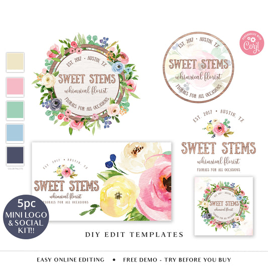 Editable 5pc Branding Bundle, DIY Edit Logo & Social Template Package, Watercolor Floral Business Startup Kit, Instant Edit Logo SS-005