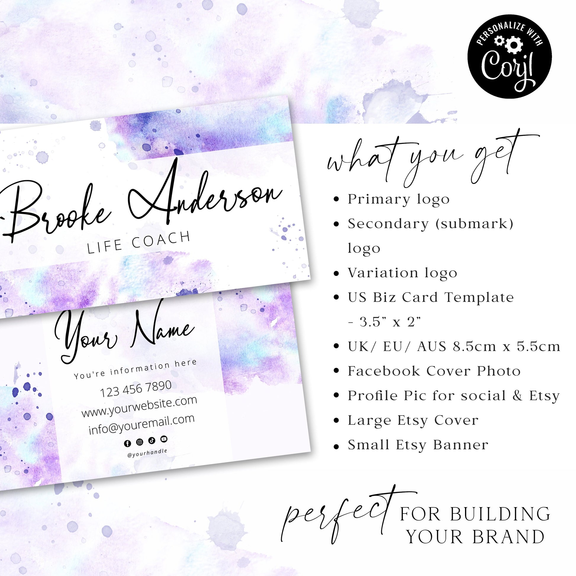 DIY Edit Branding Bundle Templates, 8pc Instant Editable Messy Watercolor Splash Logo Design, Business Card Template, Branding Kit BA-001