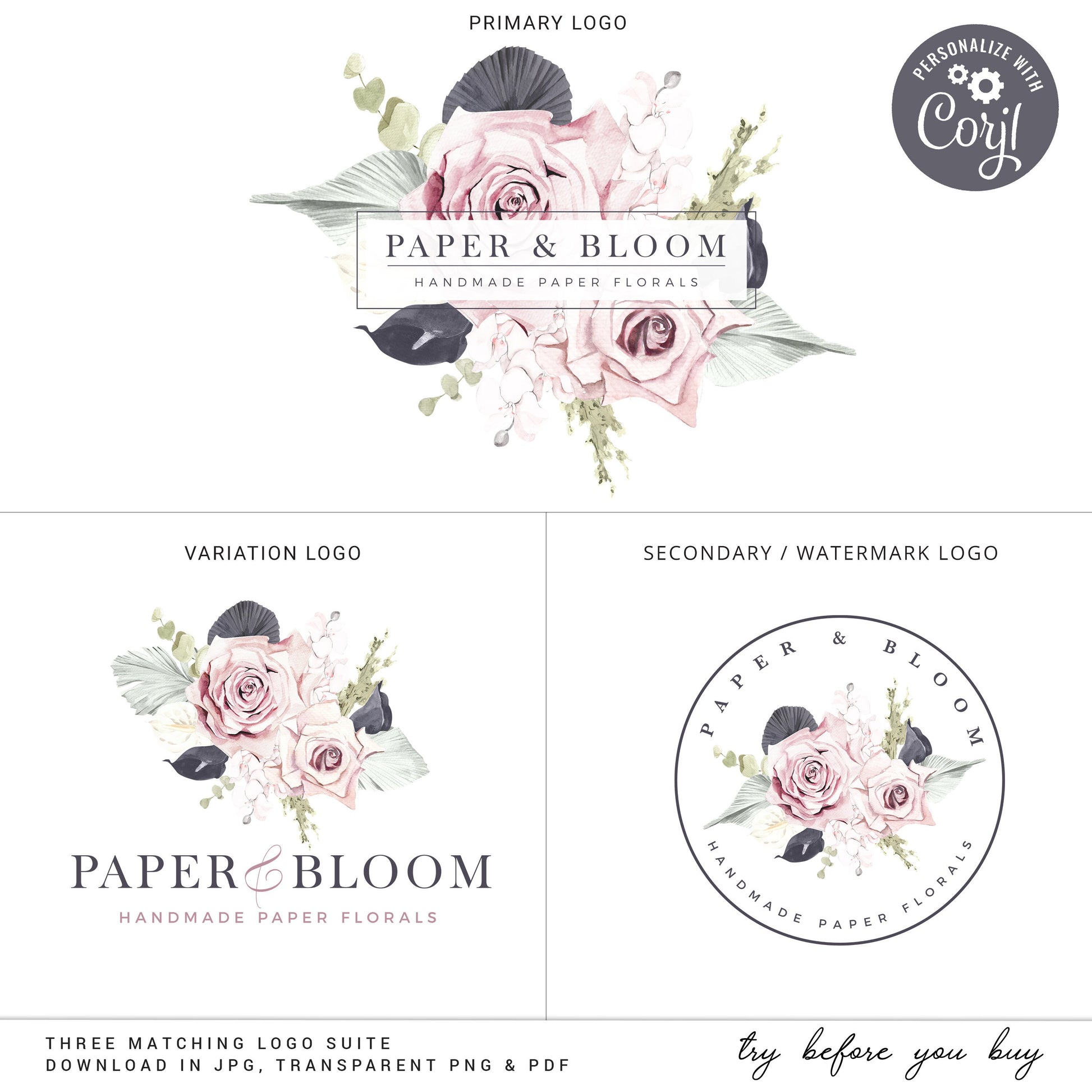 DIY Edit Logo Bundle Templates, 3 x Boho Watercolor Elegant Florals Premade Logos, Premade DIY logo, Flowers Editable Logo Template PB-002