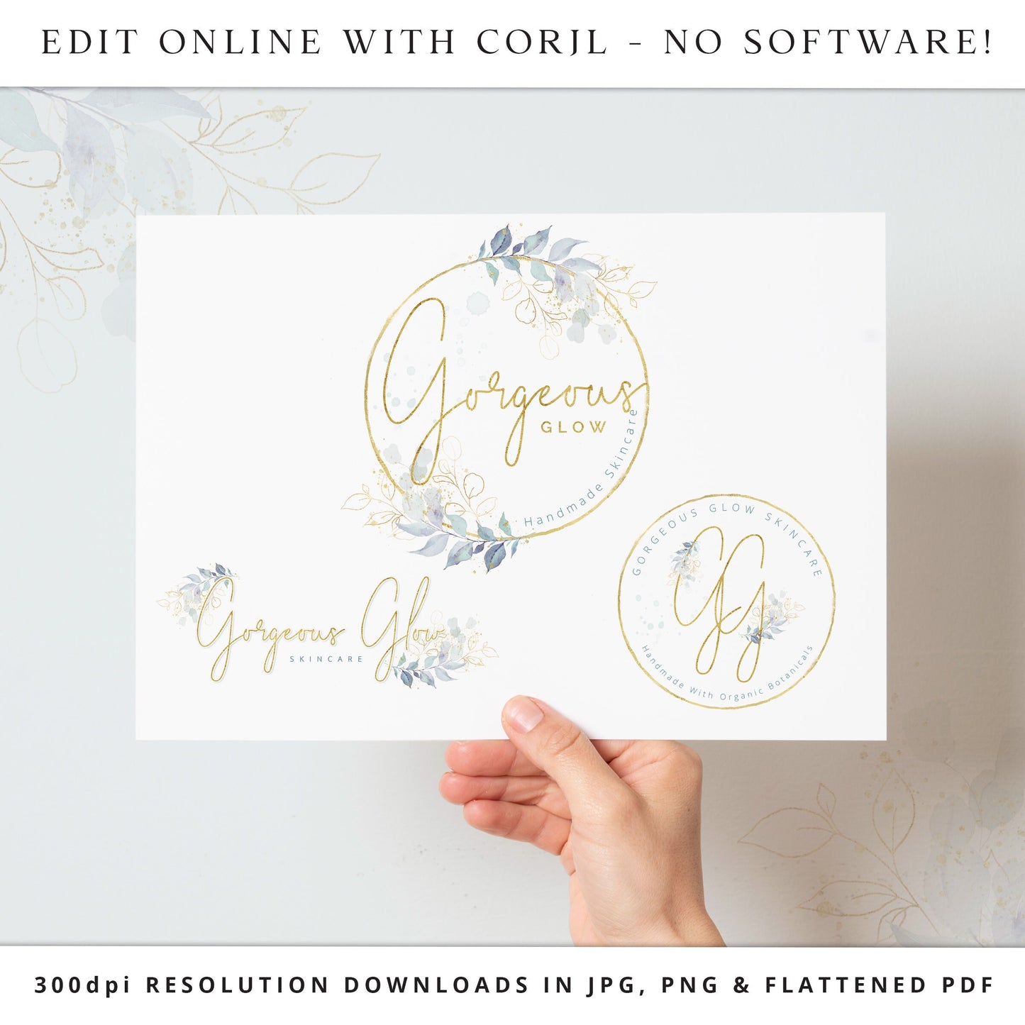 DIY Edit Elegant Logo Bundle, 3 x Editable Logo Template, Premade Watercolor Foliage & Gold Foil Logo Branding Package, Company Logo GG-001