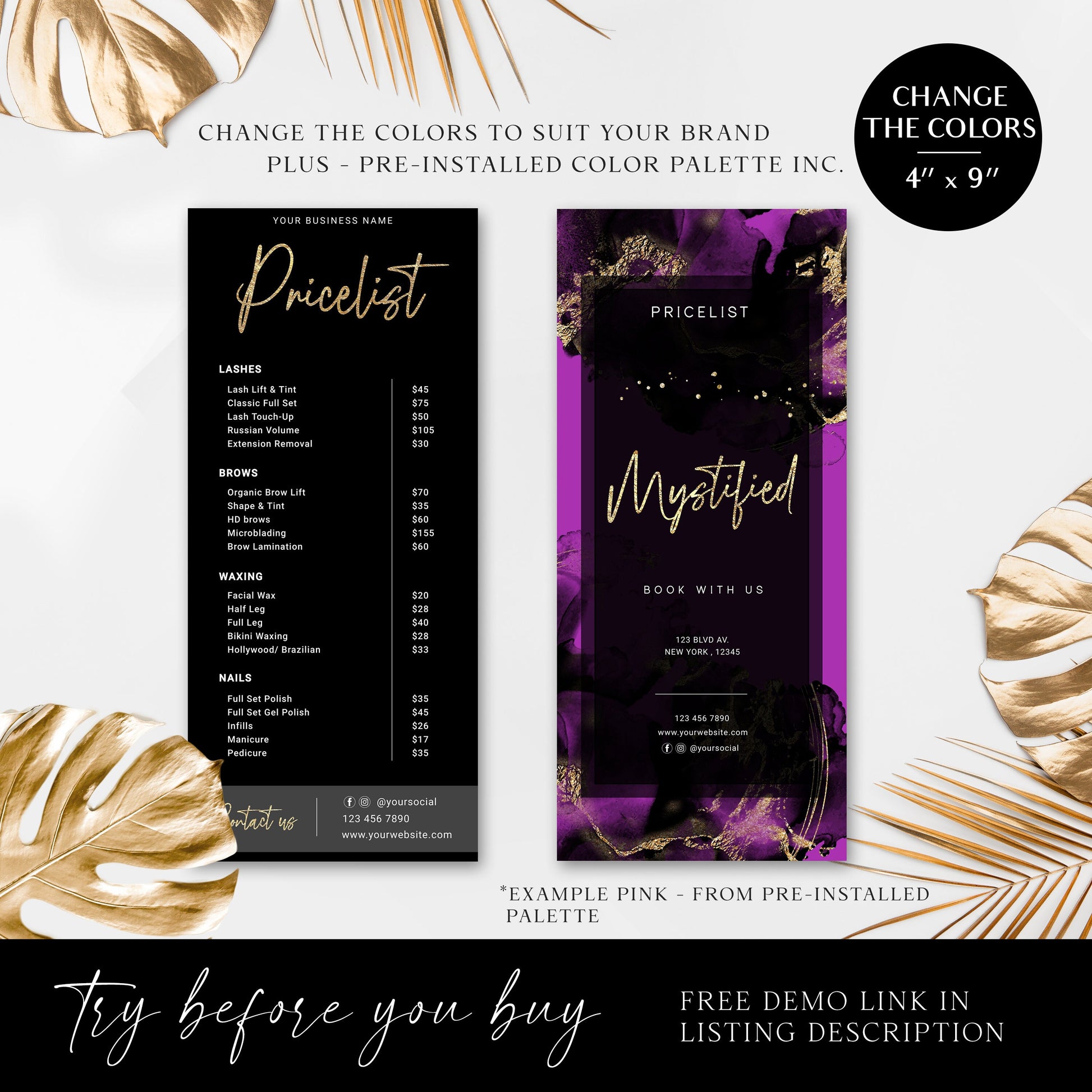 Business Price List Template, DIY Editable Slimline Price Guide, Customizable Printable Pricing Menu, Gold Foil Salon Pricing Flyer MY-001