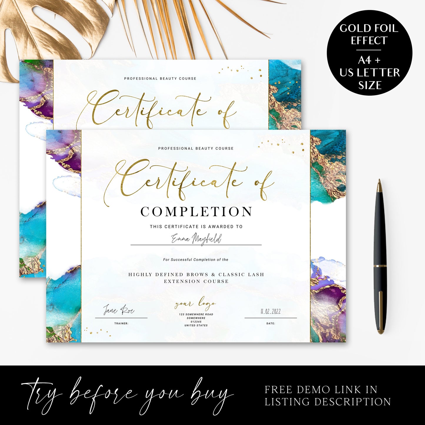 Certificate of Completion Editable Template, DIY Award Certificate, Beauty Business Course Certificate, Printable Certificate Gold DJ-001