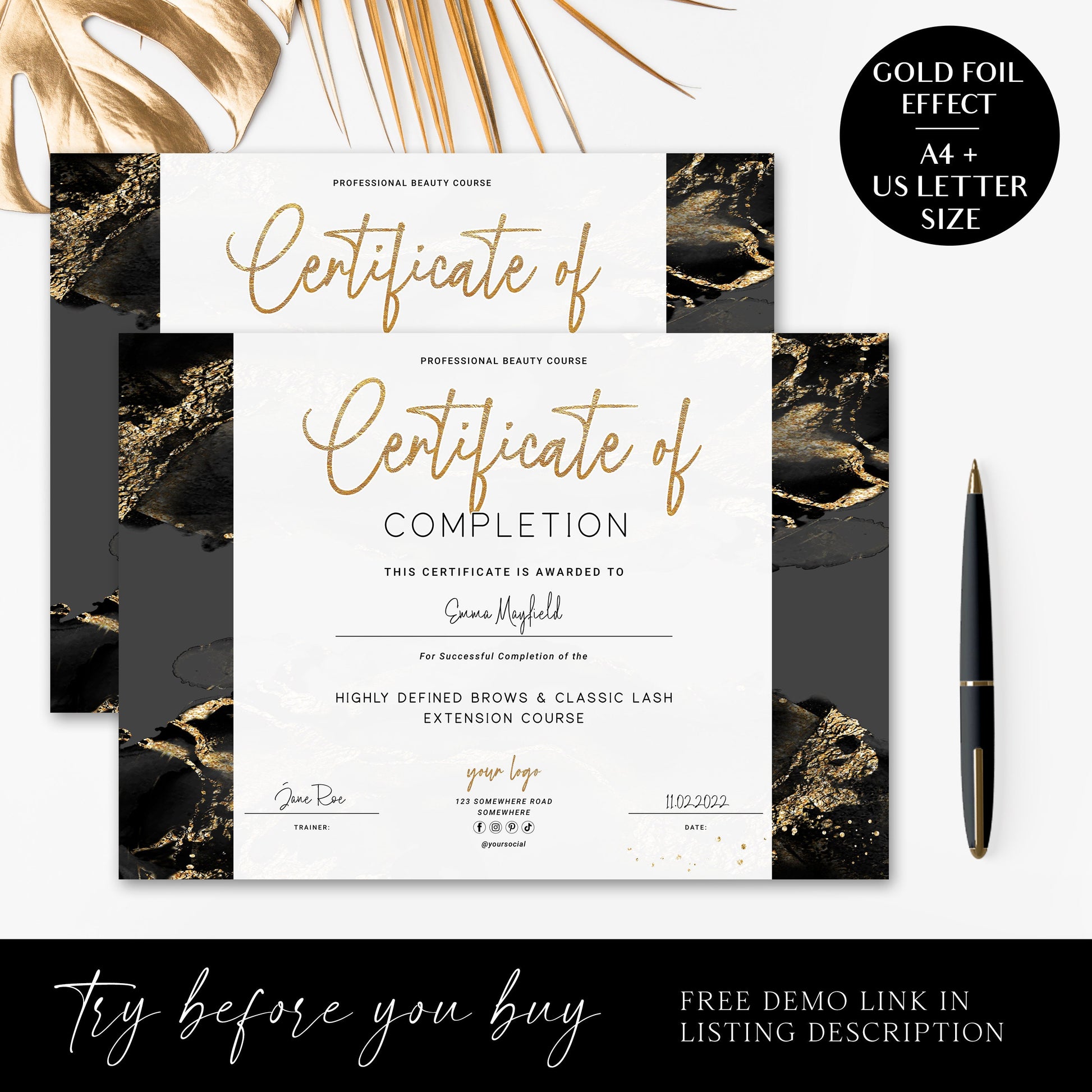 Completion Certificate Editable Template, DIY Edit Award Certificate, Beauty Business Course Certificate, Instant Gold Black Glitter MY-001