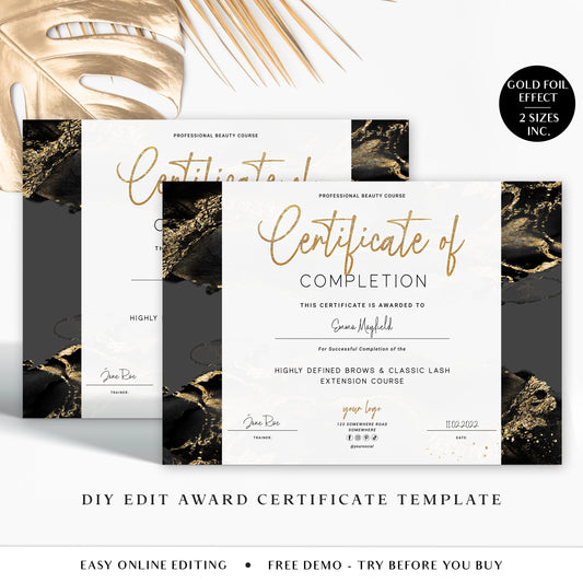 Completion Certificate Editable Template, DIY Edit Award Certificate, Beauty Business Course Certificate, Instant Gold Black Glitter MY-001