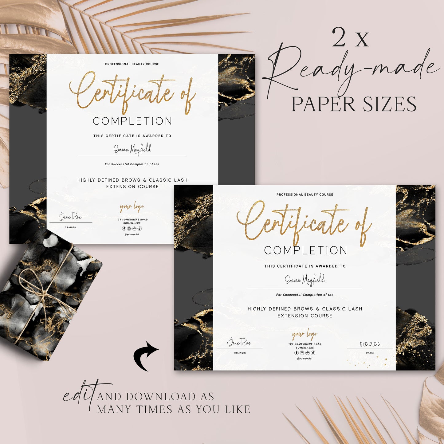 Completion Certificate Editable Template, DIY Edit Award Certificate, Beauty Business Course Certificate, Instant Gold Black Glitter MY-001