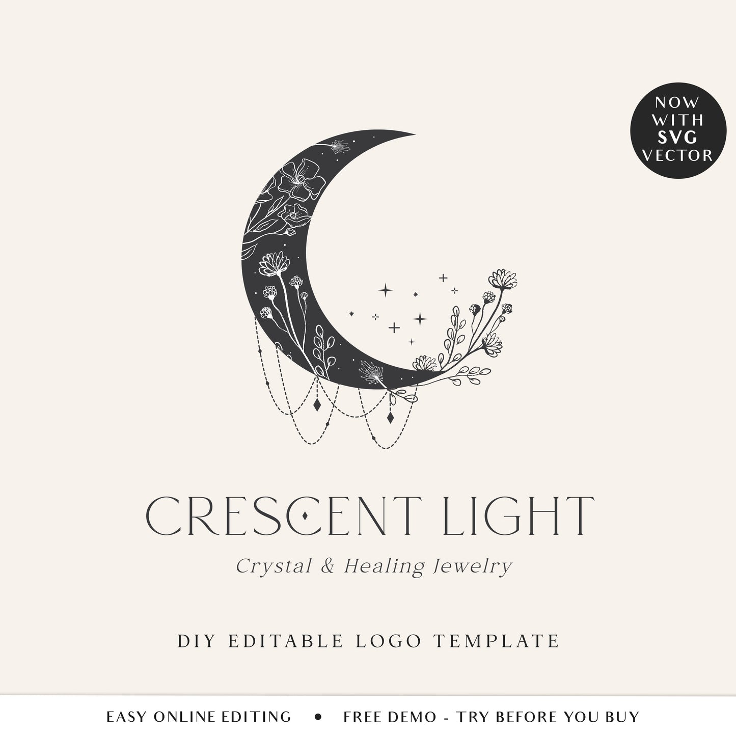 Editable Minimalist Logo Template, Premade DIY Moon Logo, Esoteric Spiritual Mystical Customizable Logo + White Watermark Design - SPI-001