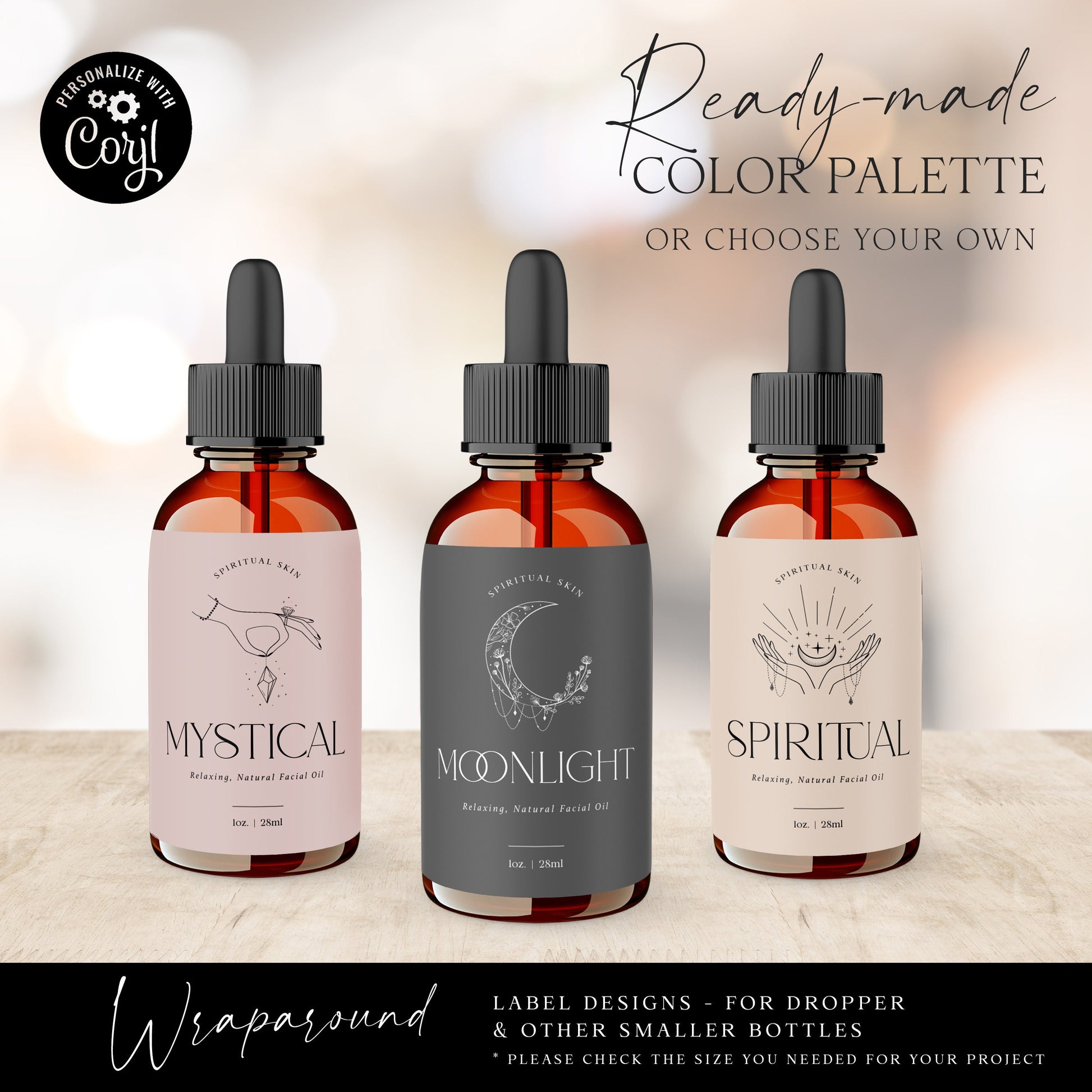 Editable Dropper Bottle Label Template (2 Sizes) DIY Spiritual Wrap Around Essential Oils Skincare Cosmetic Printable Label Design SPI-001