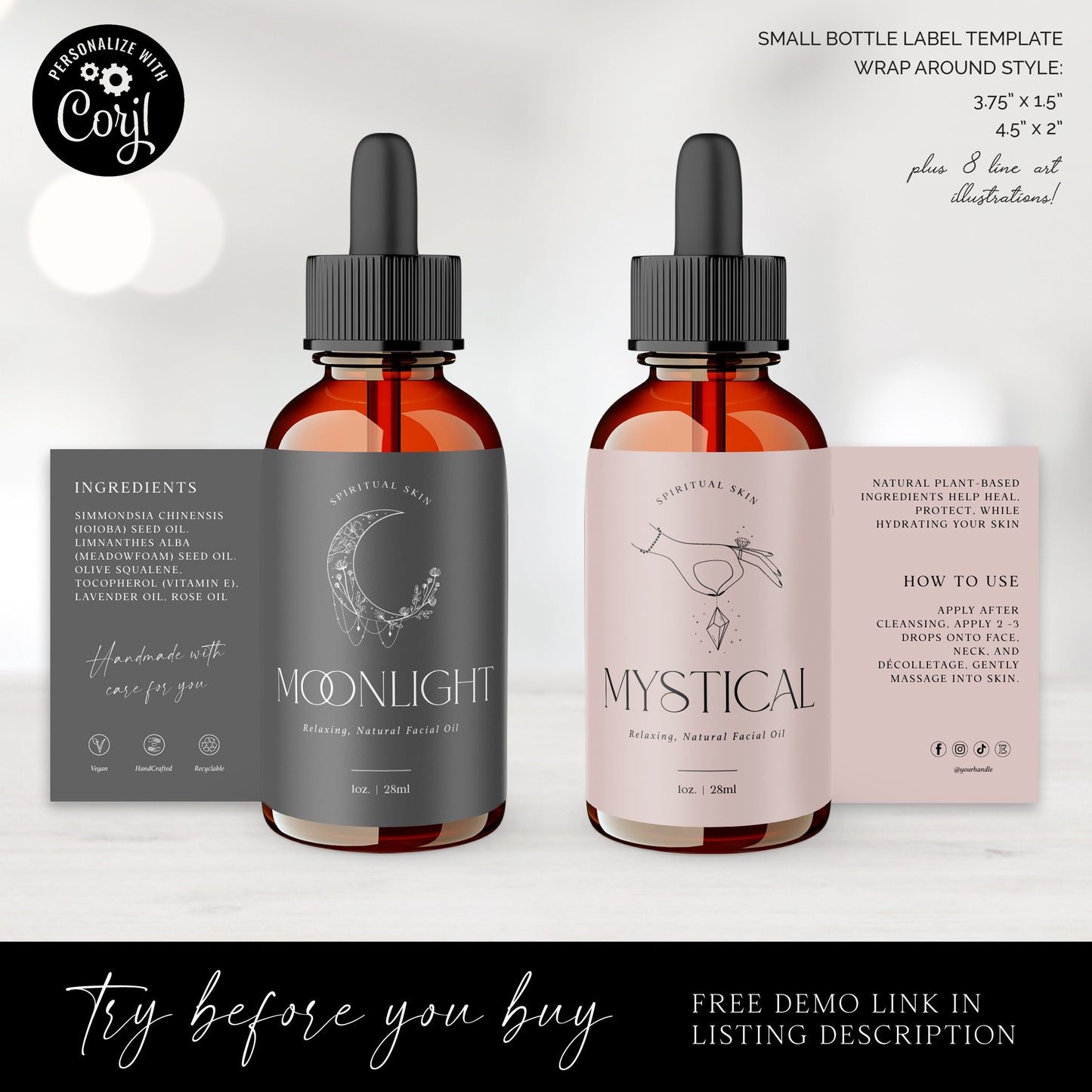 Editable Dropper Bottle Label Template (2 Sizes) DIY Spiritual Wrap Around Essential Oils Skincare Cosmetic Printable Label Design SPI-001