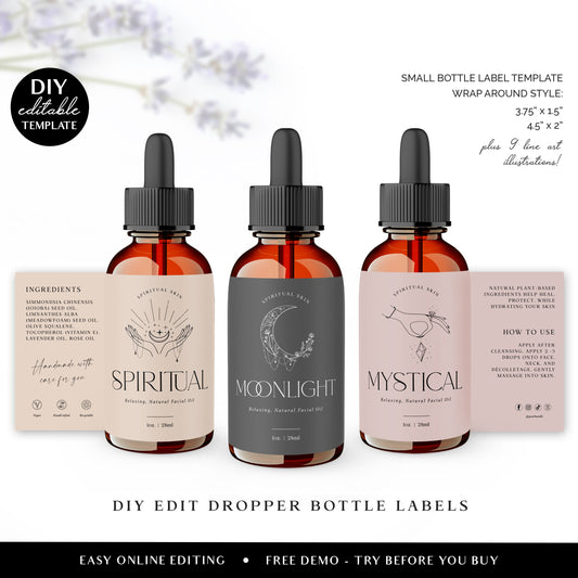 Editable Dropper Bottle Label Template (2 Sizes) DIY Spiritual Wrap Around Essential Oils Skincare Cosmetic Printable Label Design SPI-001