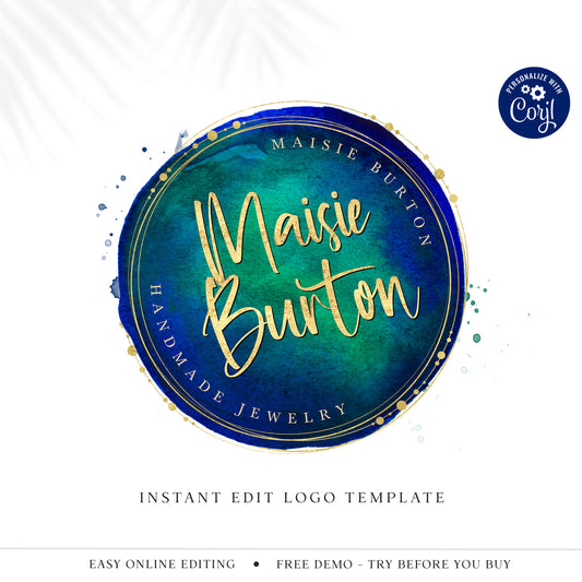 Editable Blue and Gold Logo Template, DIY Edit Watercolor Round Logo Design, Instant Download Gold Foil Logo, Round Stamp Logo MB-001