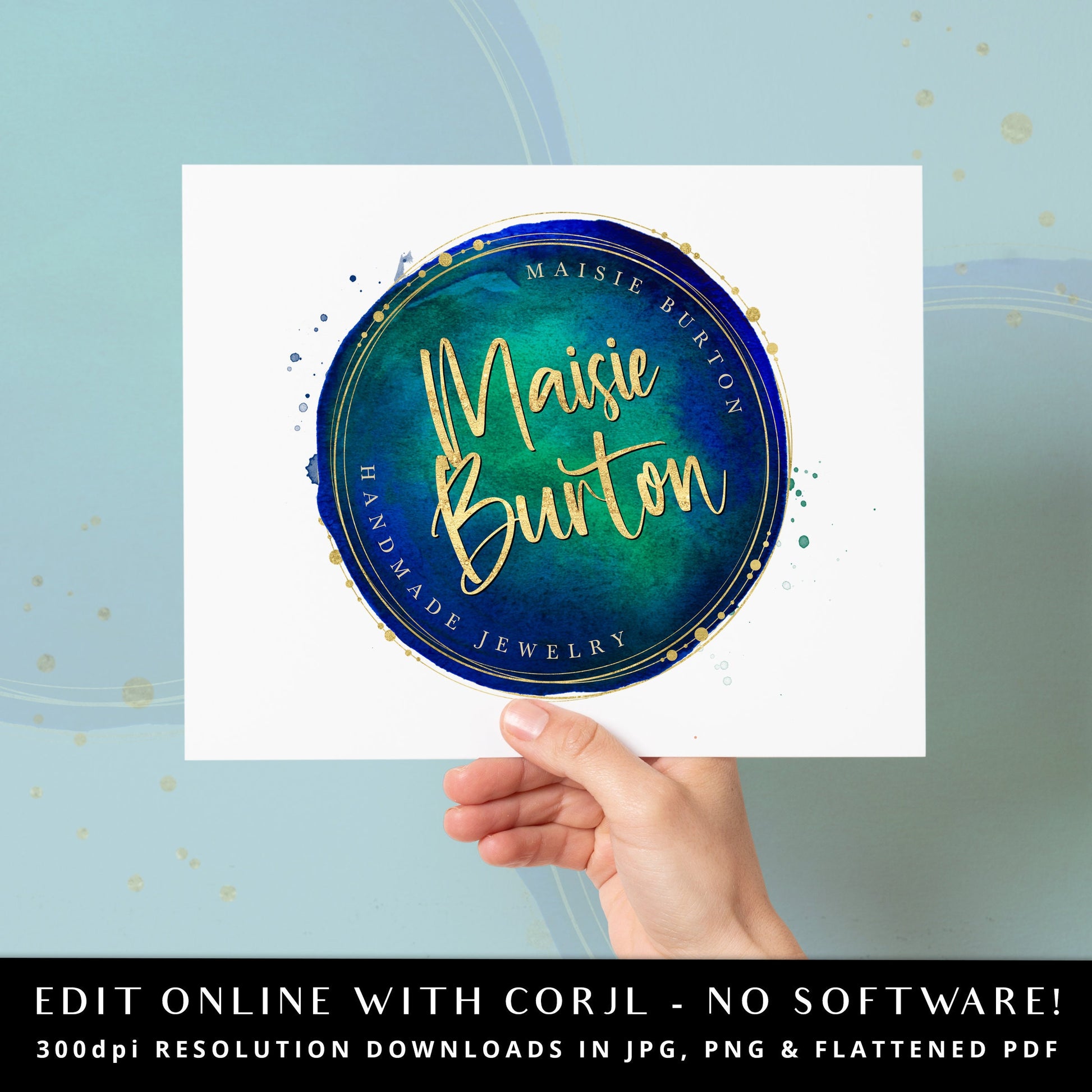 Editable Blue and Gold Logo Template, DIY Edit Watercolor Round Logo Design, Instant Download Gold Foil Logo, Round Stamp Logo MB-001