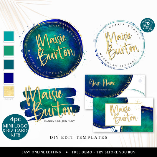 DIY Edit Branding Bundle, Editable Logo Kit, Premade Logo Set & Business Card Template, Instant Access Bright Watercolor Company Logo MB-001