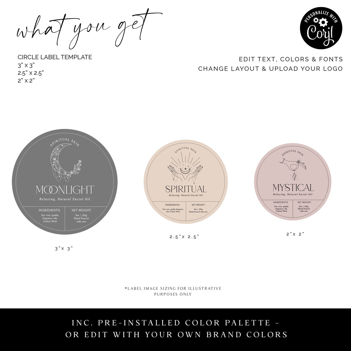 Editable Circular Label Template (3 Sizes) Personalised Spiritual Luxury Circle Candle / Cosmetic Skincare Label Design Printable - SPI-001