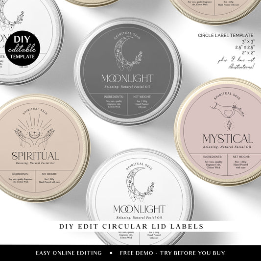 Editable Circular Label Template (3 Sizes) Personalised Spiritual Luxury Circle Candle / Cosmetic Skincare Label Design Printable - SPI-001