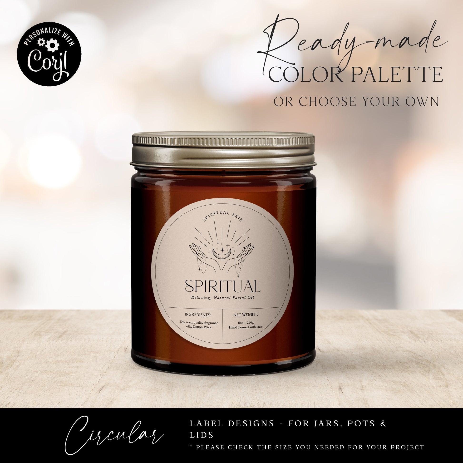 Editable Circular Label Template (3 Sizes) Personalised Spiritual Luxury Circle Candle / Cosmetic Skincare Label Design Printable - SPI-001