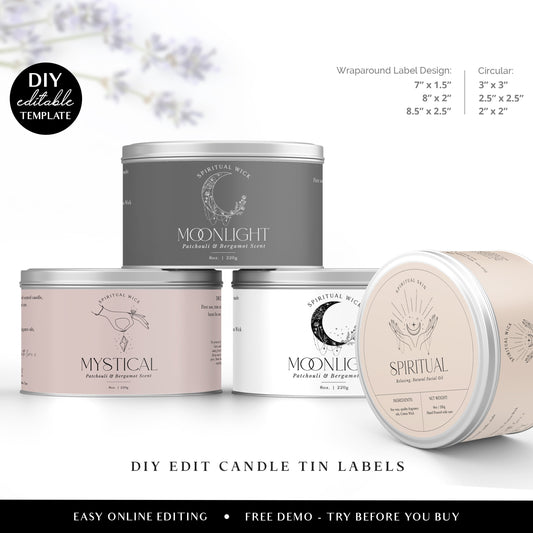 Candle Tin Label Editable Template Set (6 Sizes) Minimalist Spiritual Wraparound & Circle Candle Jar Label Cosmetic Printable Label SPI-001