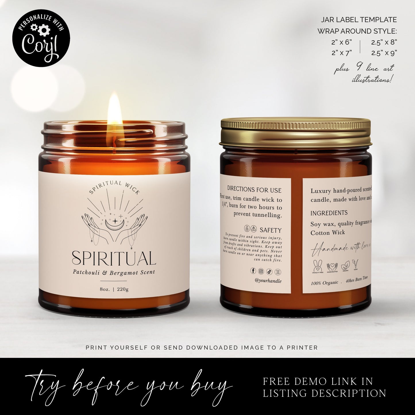 Editable Jar Label Template (4 Sizes) Spiritual Esoteric Personalised Wrap Around Candle / Cosmetic Skincare Label Design Printable  SPI-001