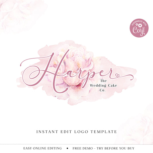 Editable Floral Splash Logo Template, DIY Edit Soft Pink Business Logo, Premade Watercolor Company Logo, Instant Beauty logo HW-001