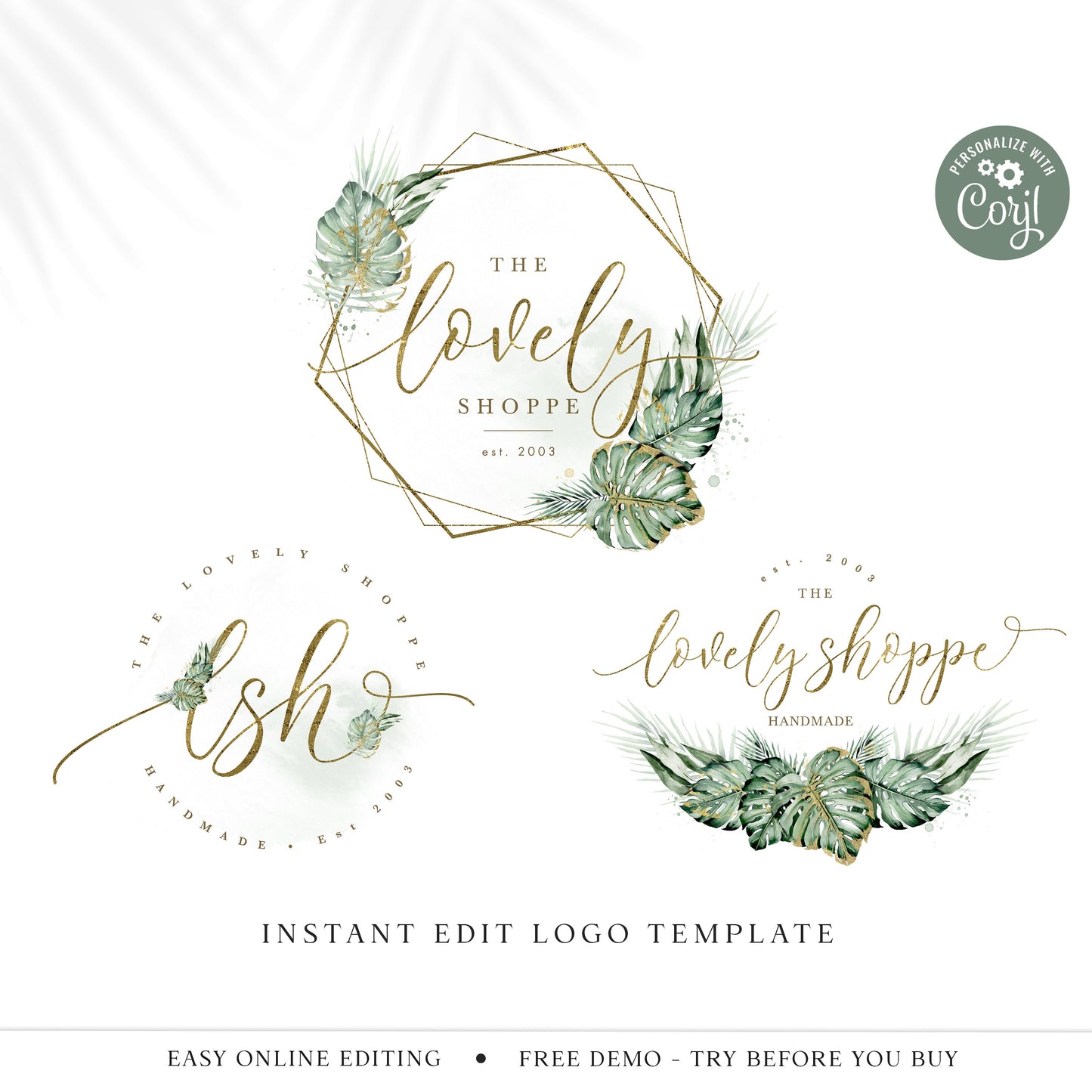 Editable Boho Logo Template Bundle, 3 x Foliage Watercolor Premade Logos, Instant DIY Edit Business Logo, Photography Watermark Logo  LS-001