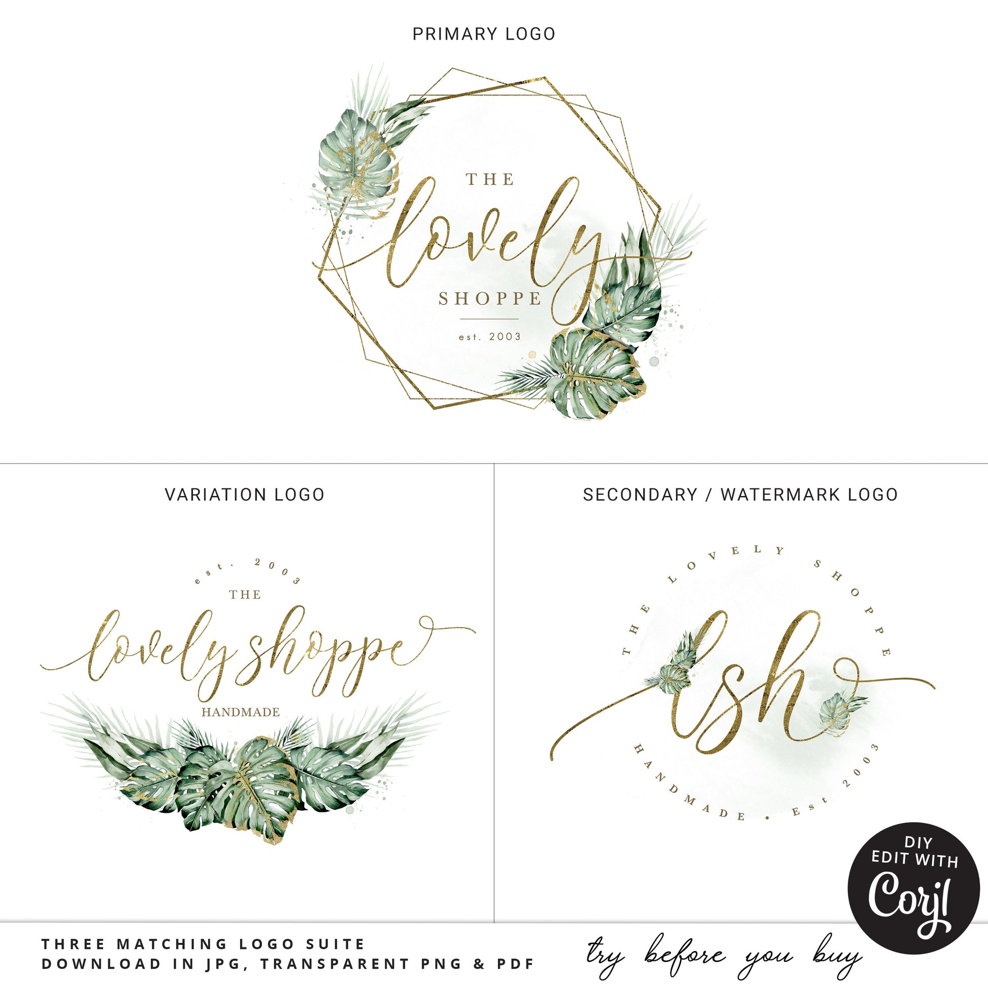 Editable Boho Logo Template Bundle, 3 x Foliage Watercolor Premade Logos, Instant DIY Edit Business Logo, Photography Watermark Logo  LS-001