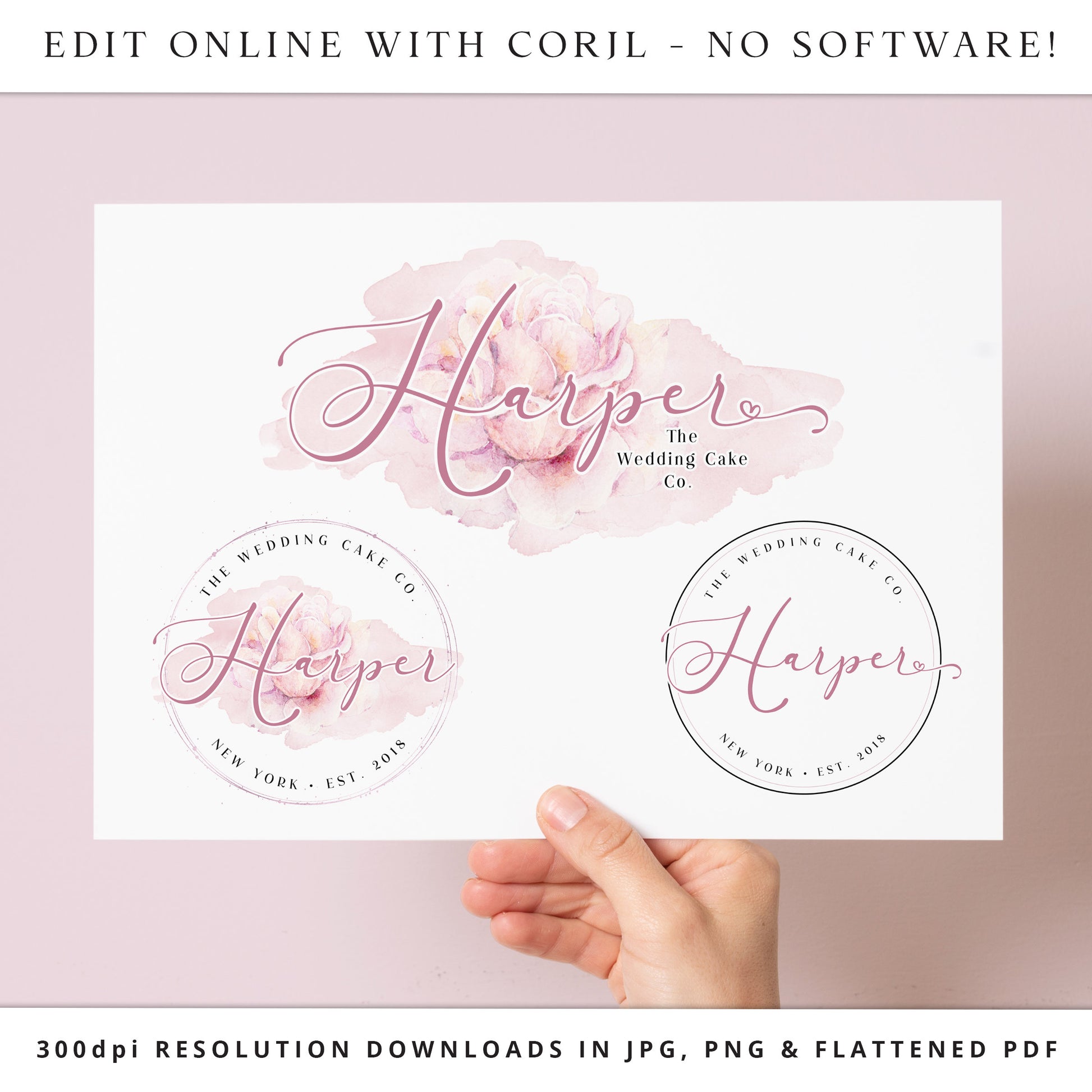 DIY Edit Logo Bundle, Editable Logo Template Kit, Instant Soft Pink Watercolor Business Logo, Premade Beauty Logo, Company Logo Set HW-001