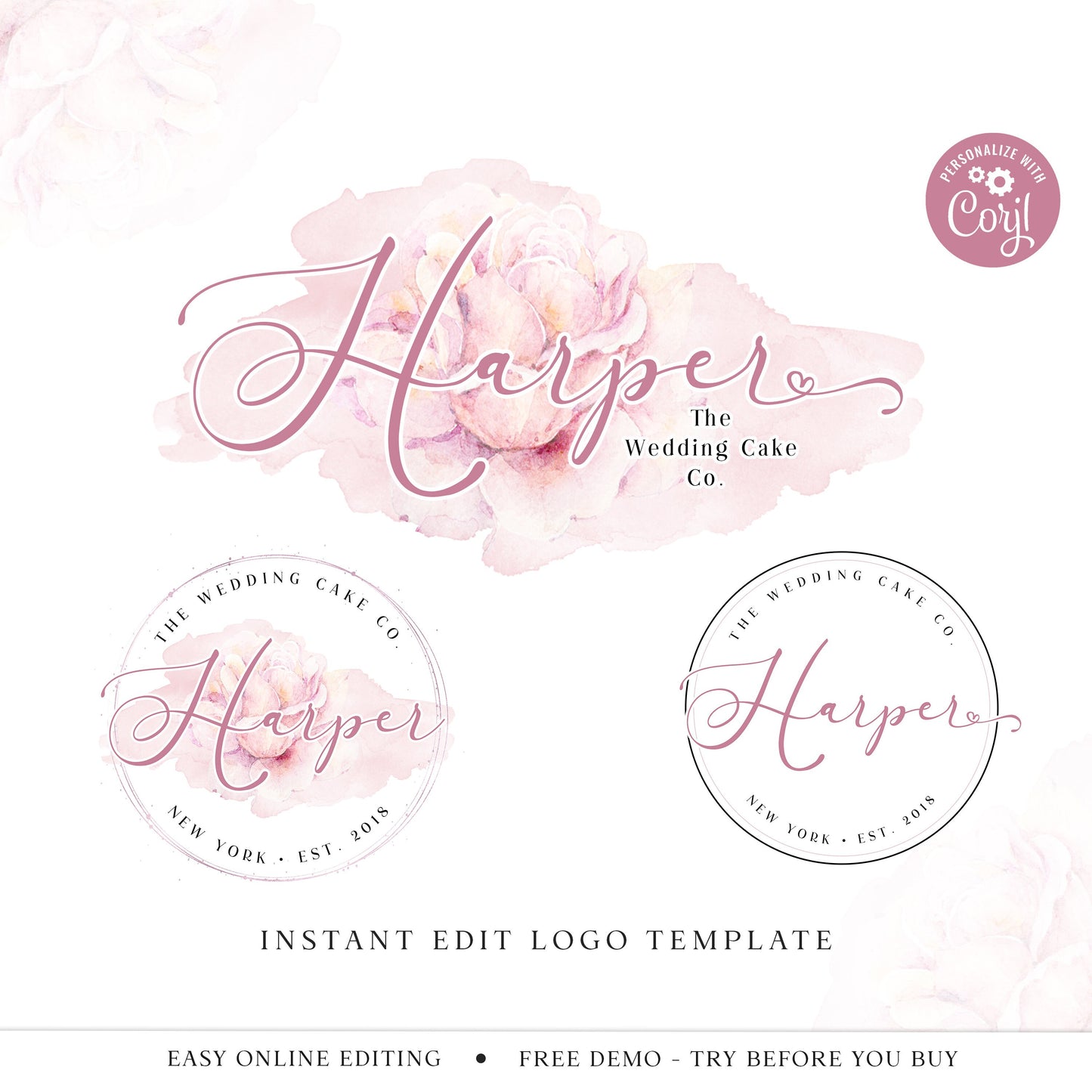 DIY Edit Logo Bundle, Editable Logo Template Kit, Instant Soft Pink Watercolor Business Logo, Premade Beauty Logo, Company Logo Set HW-001