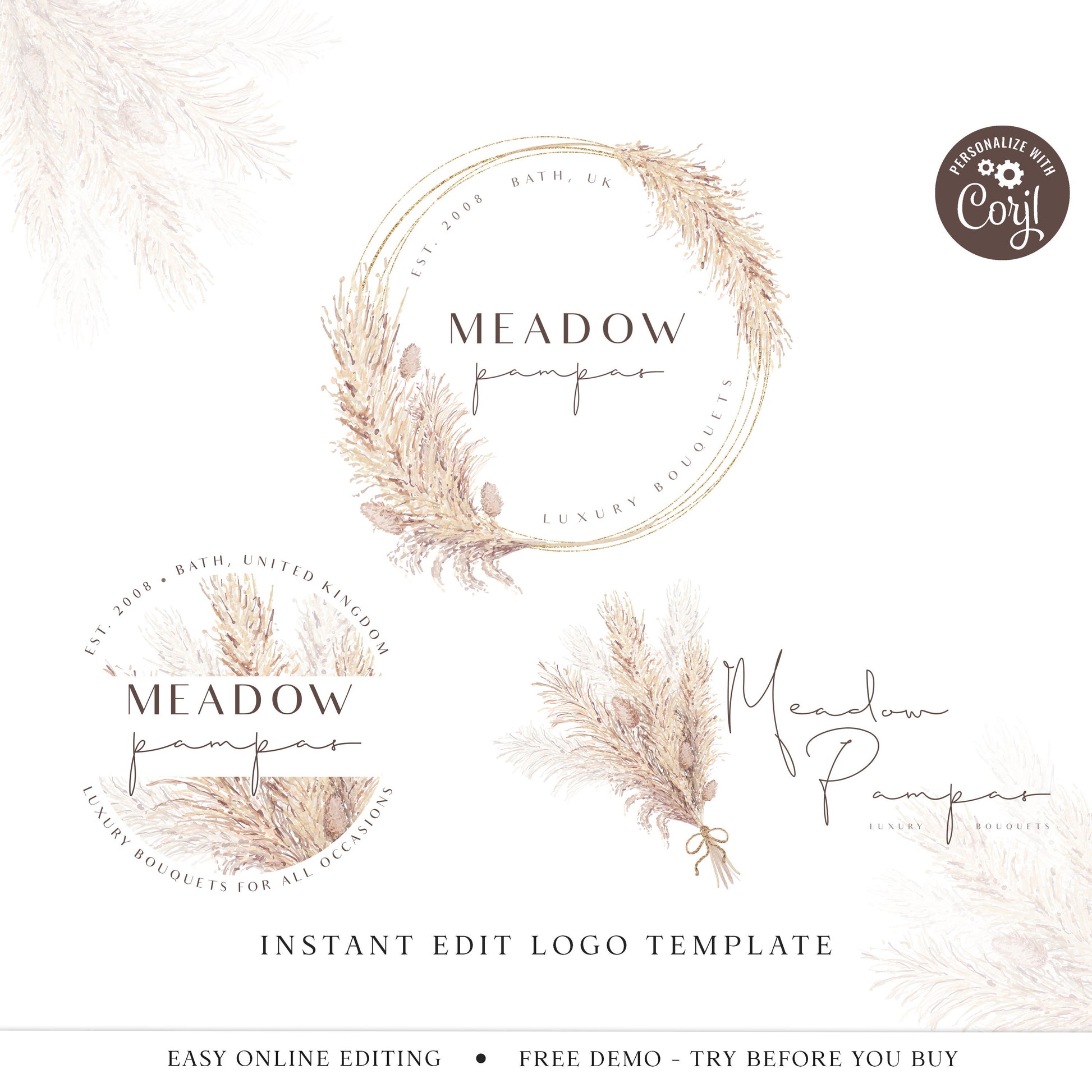 Editable Pampas Logo Bundle, 3 x DIY Edit Modern Branding Set, Instant Edit Premade Logo Set, Rustic Pampas Grass Business Logo Kit MP-001